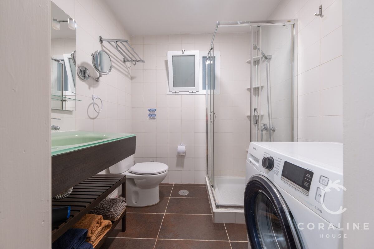 Baño con ducha, lavabo de cristal verde y lavadora